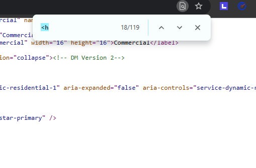 Browser Ctrl+F find bar showing 119 matches for less-than h on the REA Trust plumber Fort Worth page