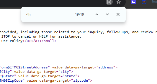 Browser Ctrl+F find bar showing 19 matches for less-than h on a competing plumber page with light heading structure