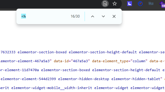 Browser Ctrl+F find bar showing 30 matches for less-than h on a plumber page using a moderate heading structure