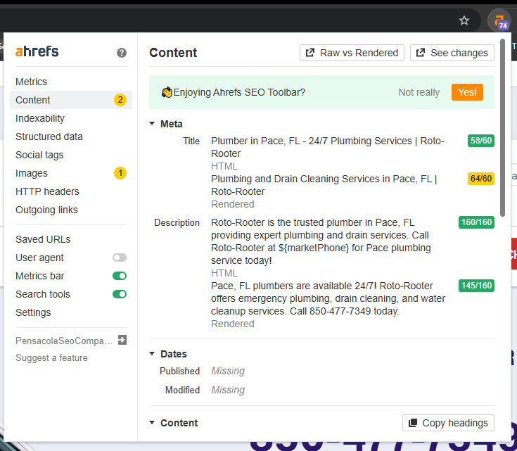 Ahrefs Chrome extension showing a ranking plumber page's content structure and word count
