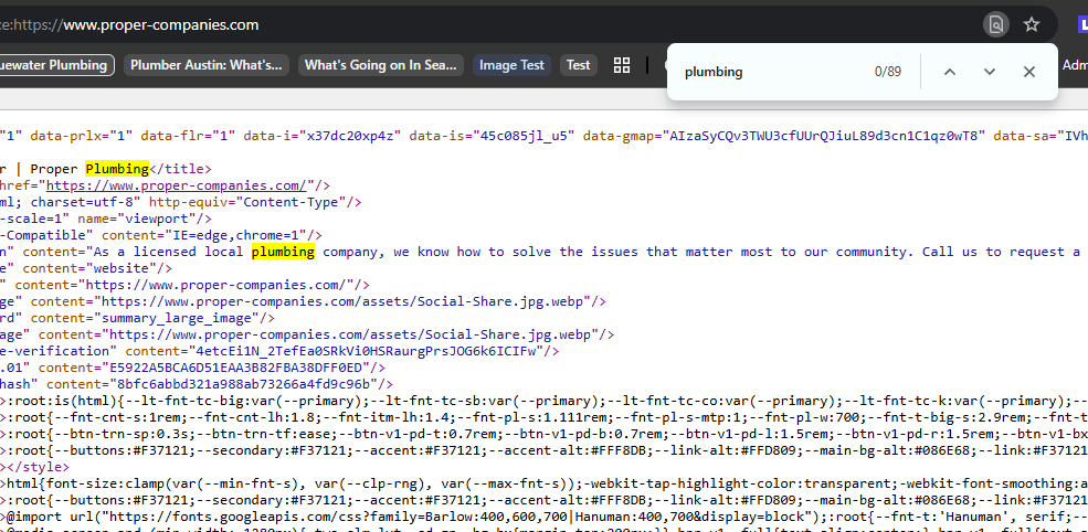 Browser Find bar (Ctrl+F) counting a keyword inside a page's source code