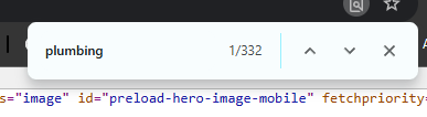 Browser Find showing the keyword plumbing used 332 times in a page's source