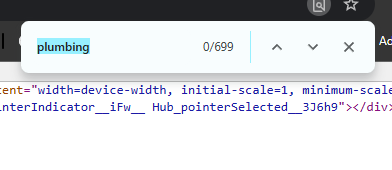 Browser Find showing the keyword plumbing used 699 times in a page's source