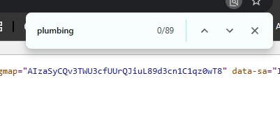 Browser Find showing the keyword plumbing used 89 times in a page's source