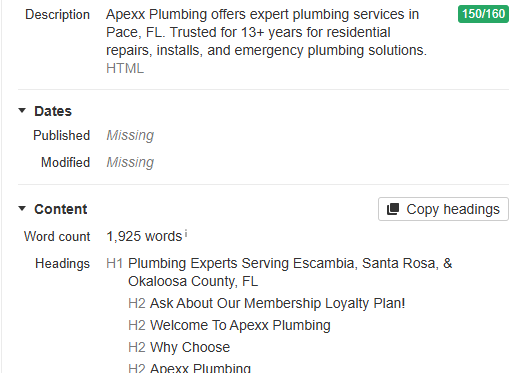Ahrefs panel showing a competitor plumber page with a word count of 1,925