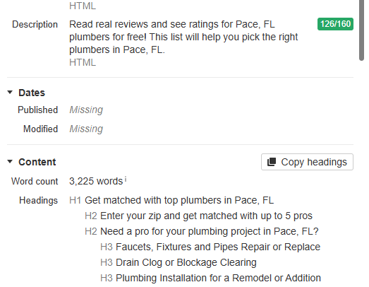 Ahrefs panel showing a competitor plumber page with a word count of 3,225