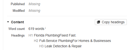 Ahrefs panel showing a competitor plumber page with a word count of 619